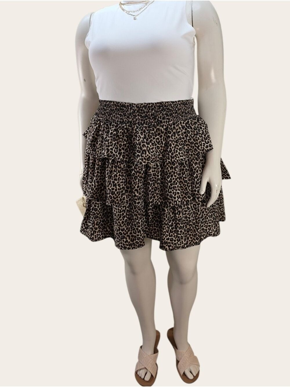 Leopard Tiered Ruffle Mini Skirt 2X Smocked Waist Mob Wife Western Glam NWT - Picture 3 of 10